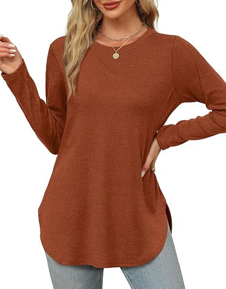 Women's Casual Long Sleeve Tunic Top Round Neck Side Slit
