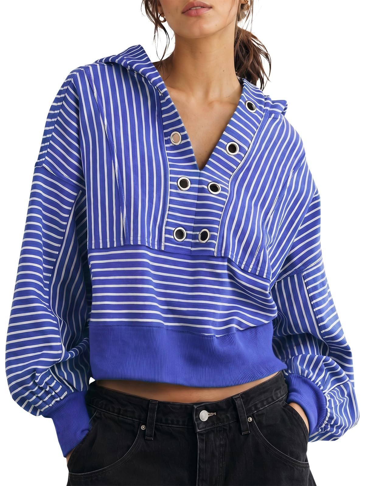 Women's Oversized Striped Cropped Hoodie V Neck Long Sleeve