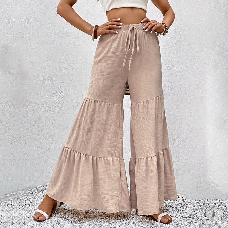 Beige Wide Leg Elastic Waist Boho Flowy Trousers