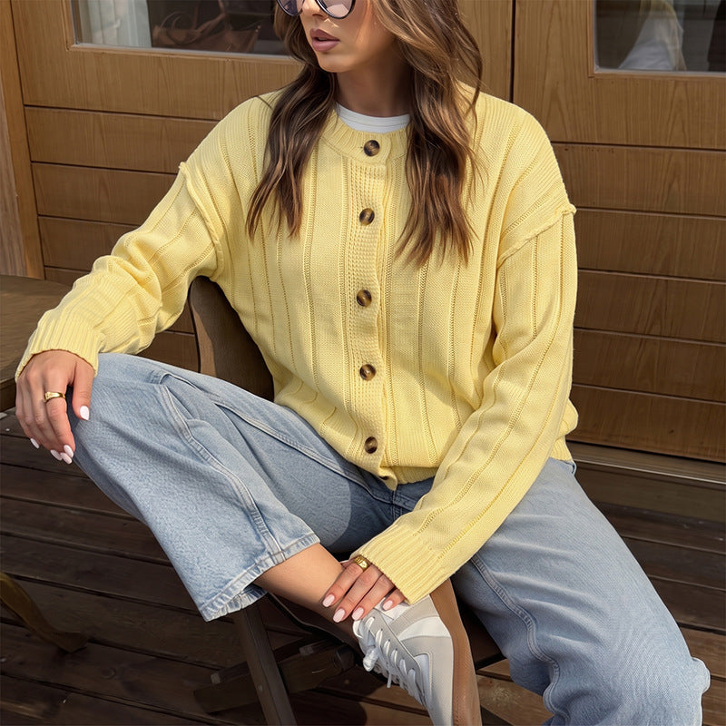Solid Acrylic Cardigan Casual Button Front Relaxed Fit