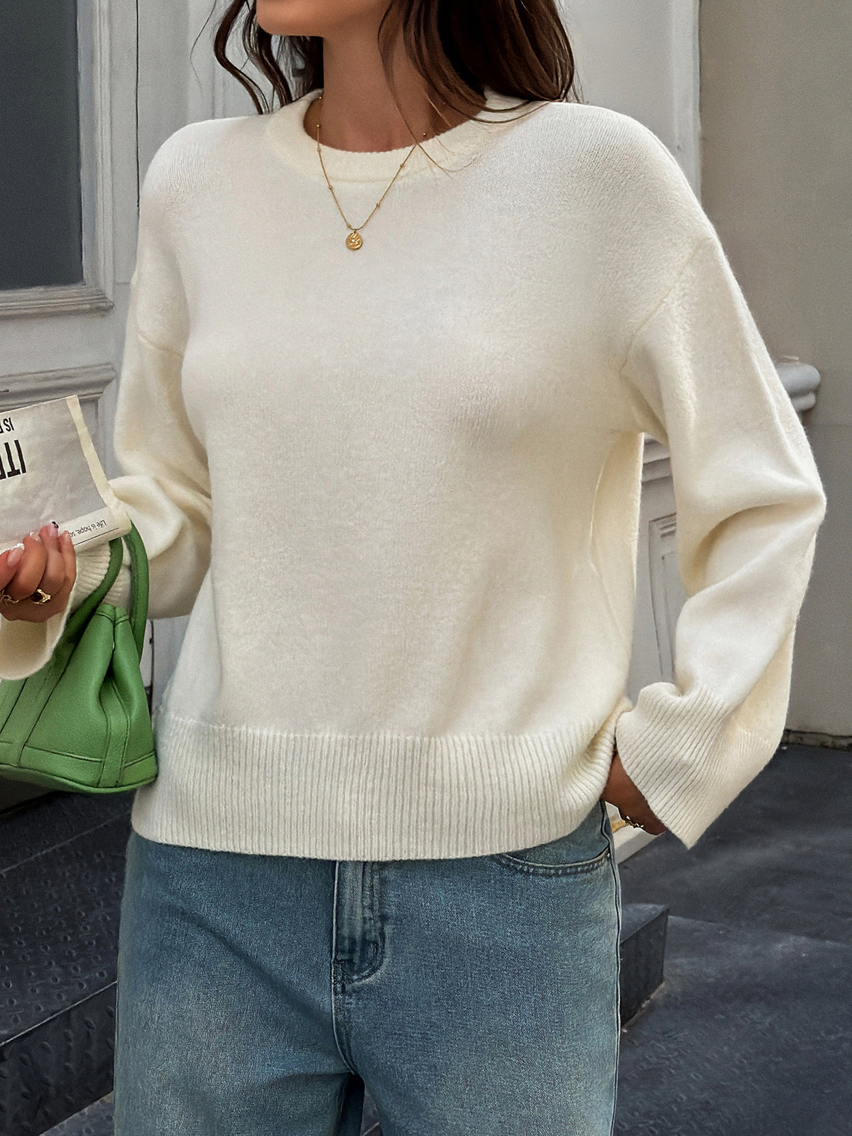Women's Oversized Cropped Crew Neck Knit Sweater