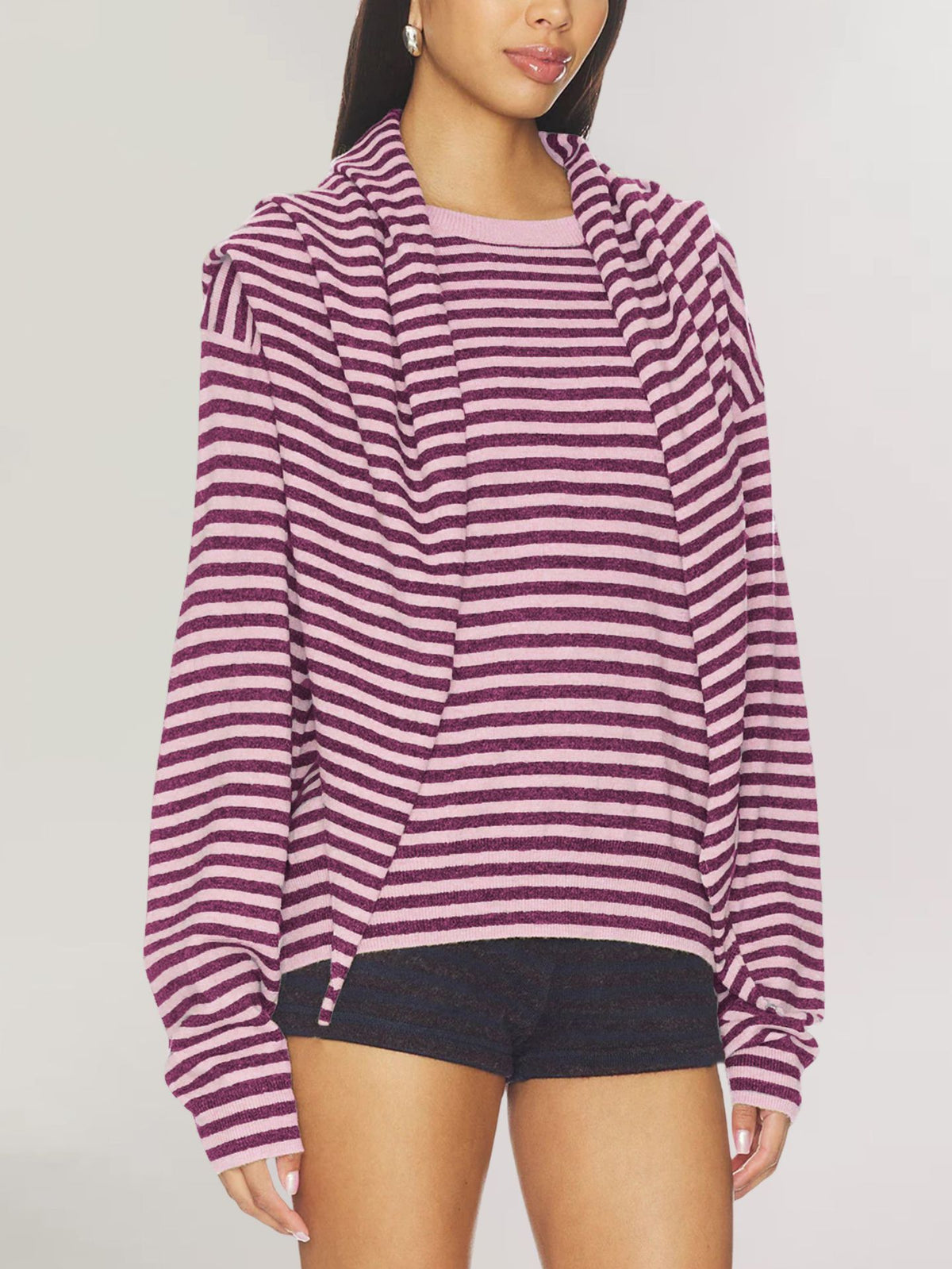 Women's Oversized Striped Sweater with Scarf Detail