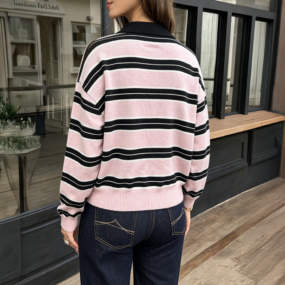Women's Pink Striped Polo Sweater Long Sleeve Knit Top