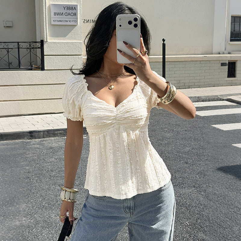 Solid Textured Top Babydoll V Neck Puff Sleeve