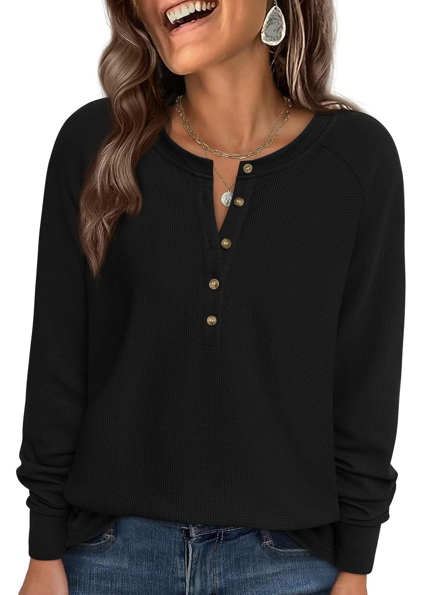 Henley Button Front Waffle Knit Long Sleeve Top