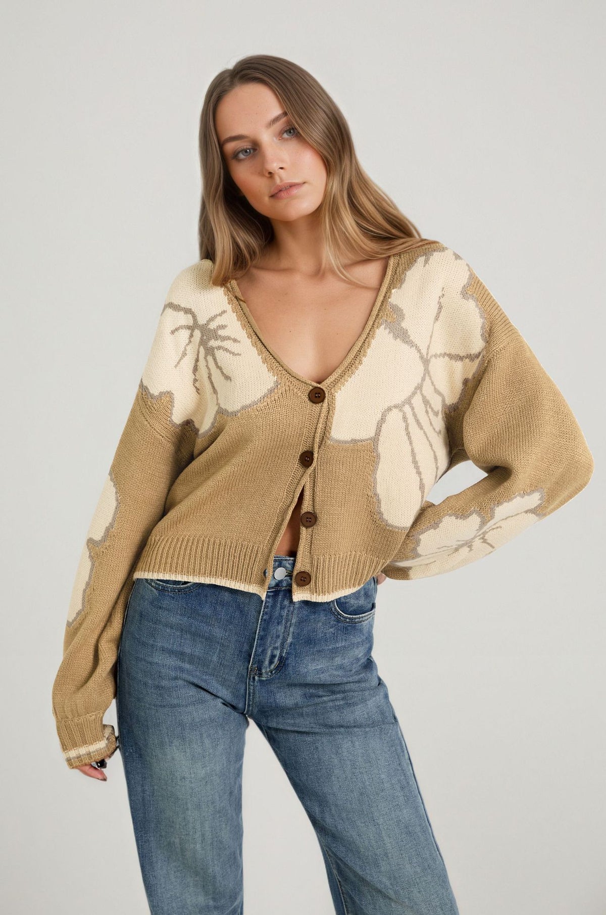 Women's Colorblock Floral Cardigan V-Neck Button Front