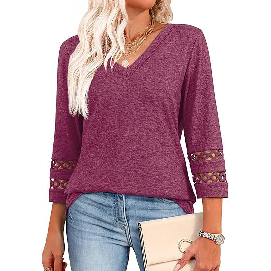 Women’s V Neck 3/4 Sleeve Lace Trim Casual Top