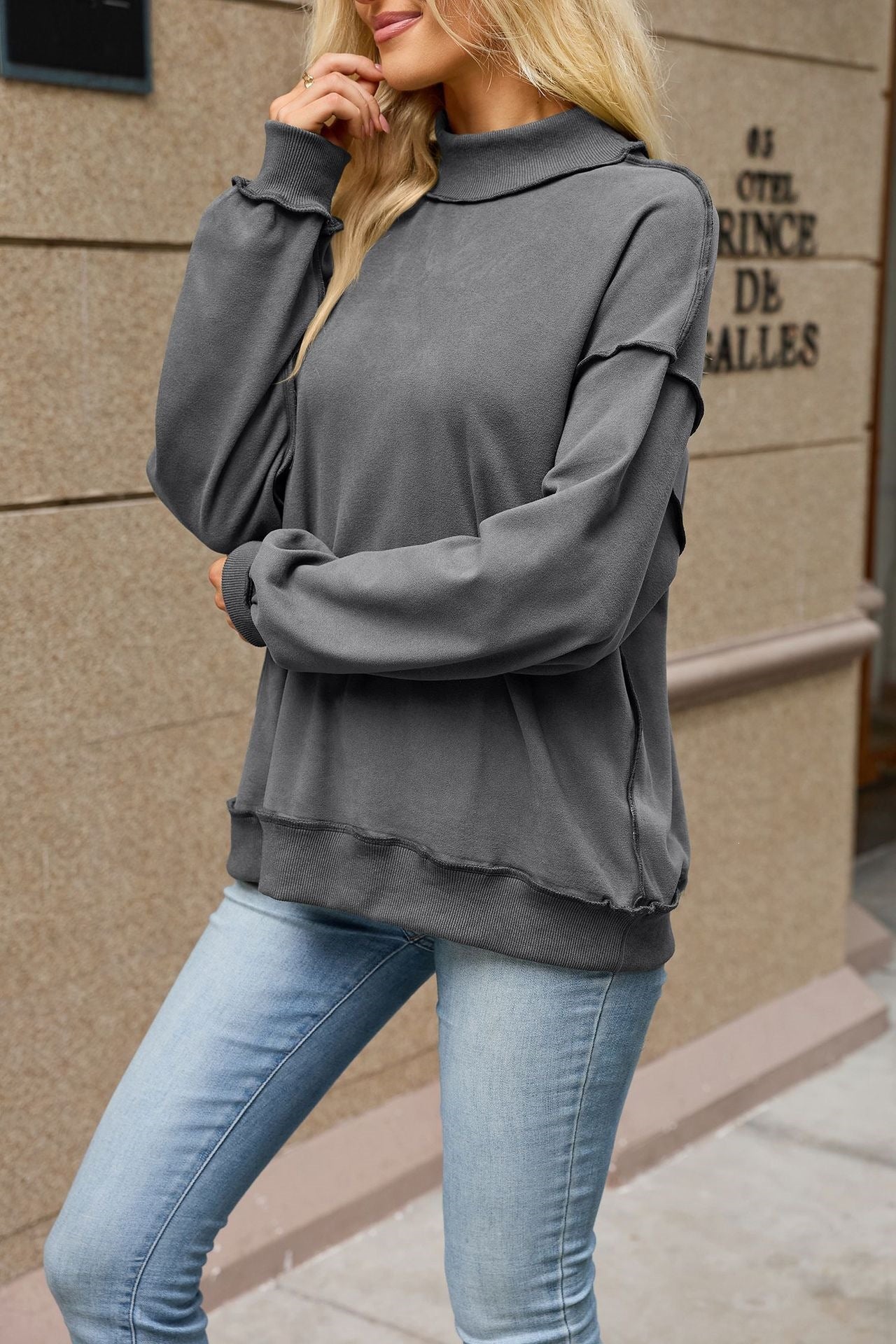 Mock Neck Exposed Seam Oversized Sweatshirt