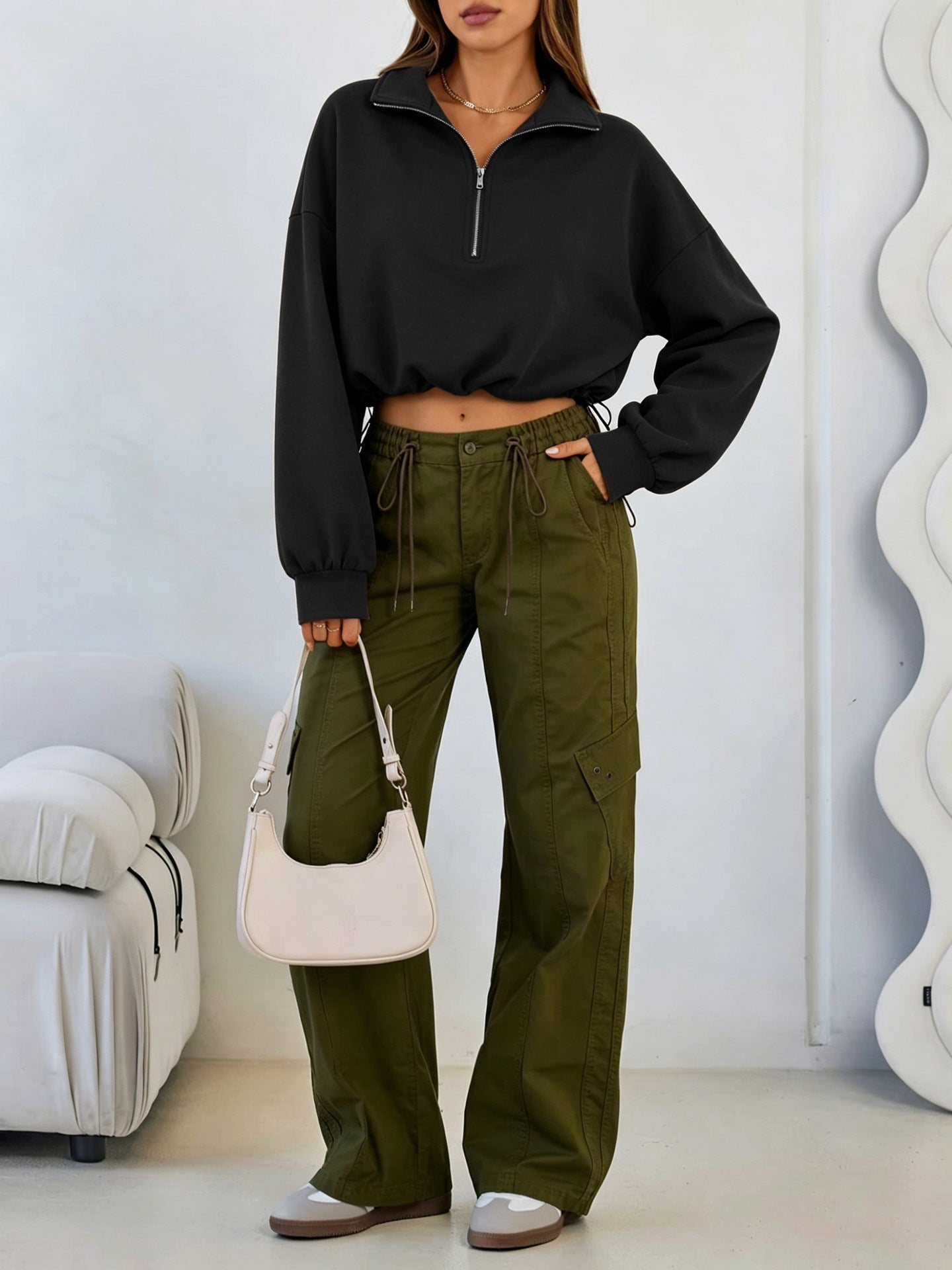 Half-Zip Pullover Sweatshirt Casual Drawstring Cropped Top