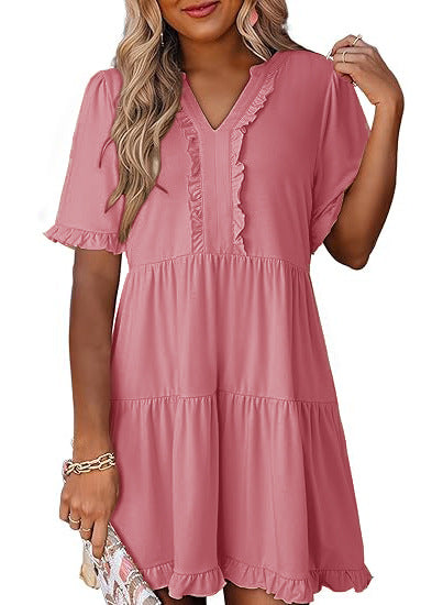 Green V Neck Ruffle Trim A Line Tiered Mini Dress