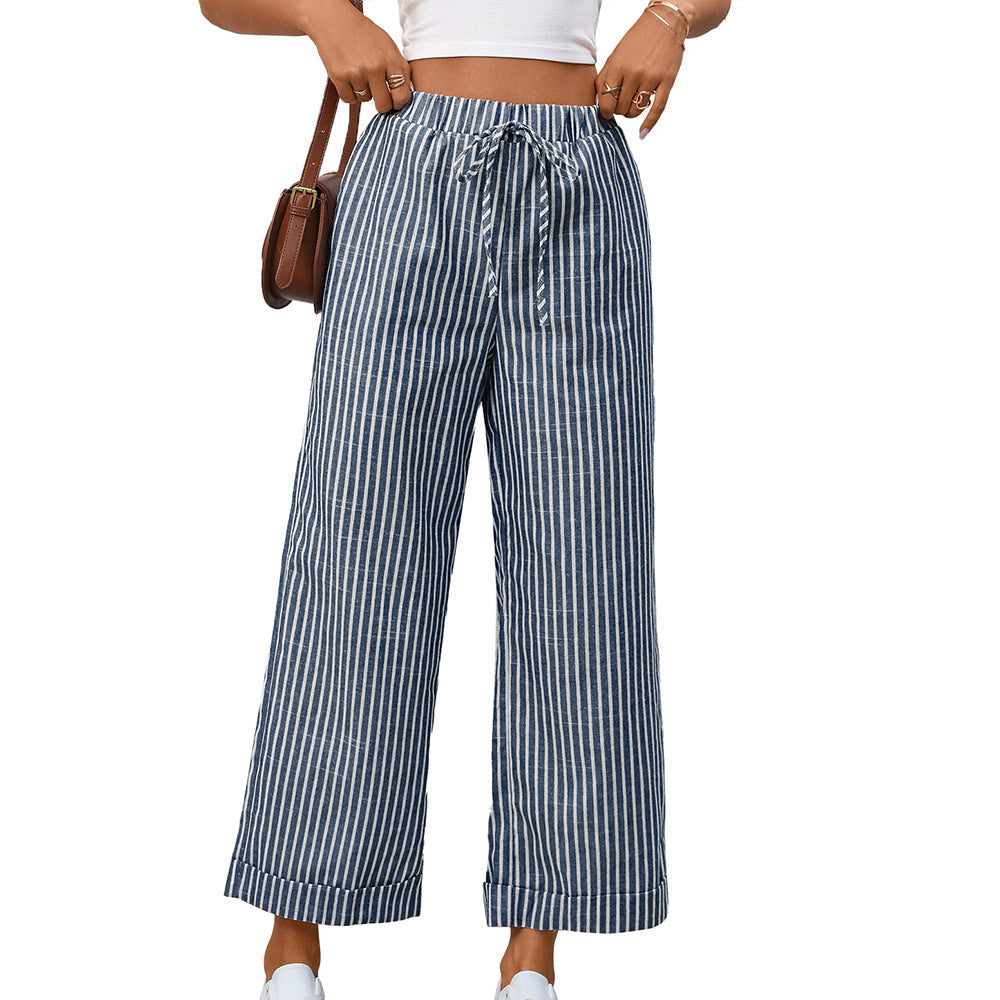 Striped High Waist Cropped Straight Leg Casual Pants