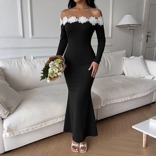 Floral Applique Off Shoulder Mermaid Maxi Dress