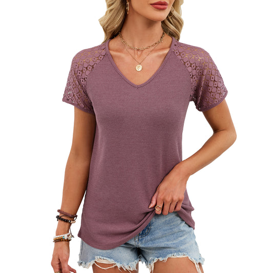 Women’s Lace Sleeve V Neck Casual Short Sleeve T Shirt Top
