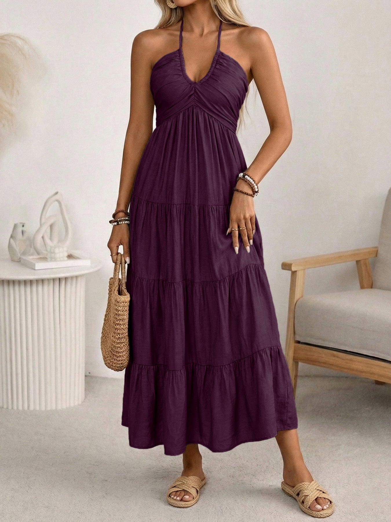 Women’s Halter V Neck Tiered Maxi Dress Backless