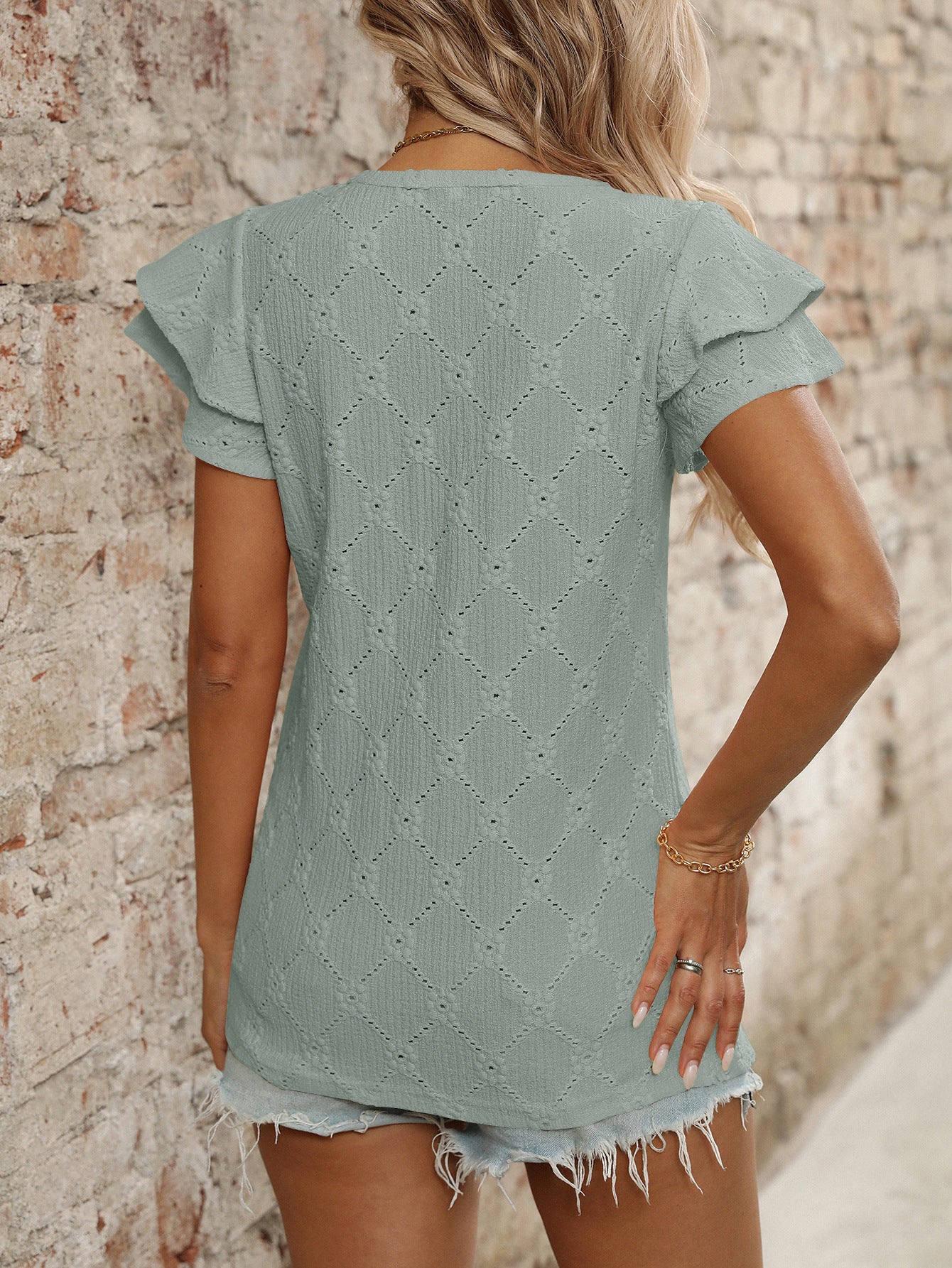 V Neck Eyelet Ruffle Sleeve Knit Summer Casual Top
