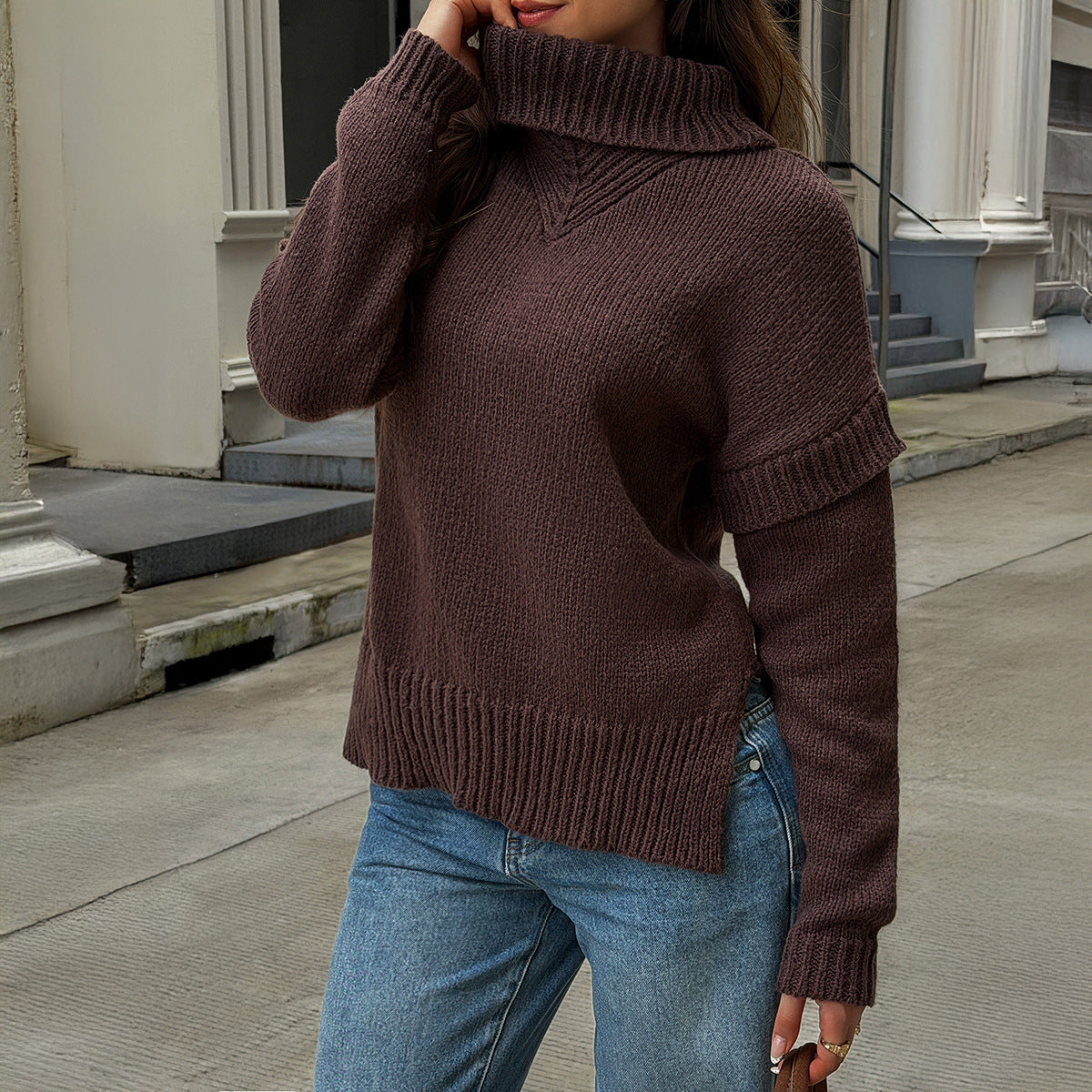 Women's Brown Chunky Knit Turtleneck Sweater