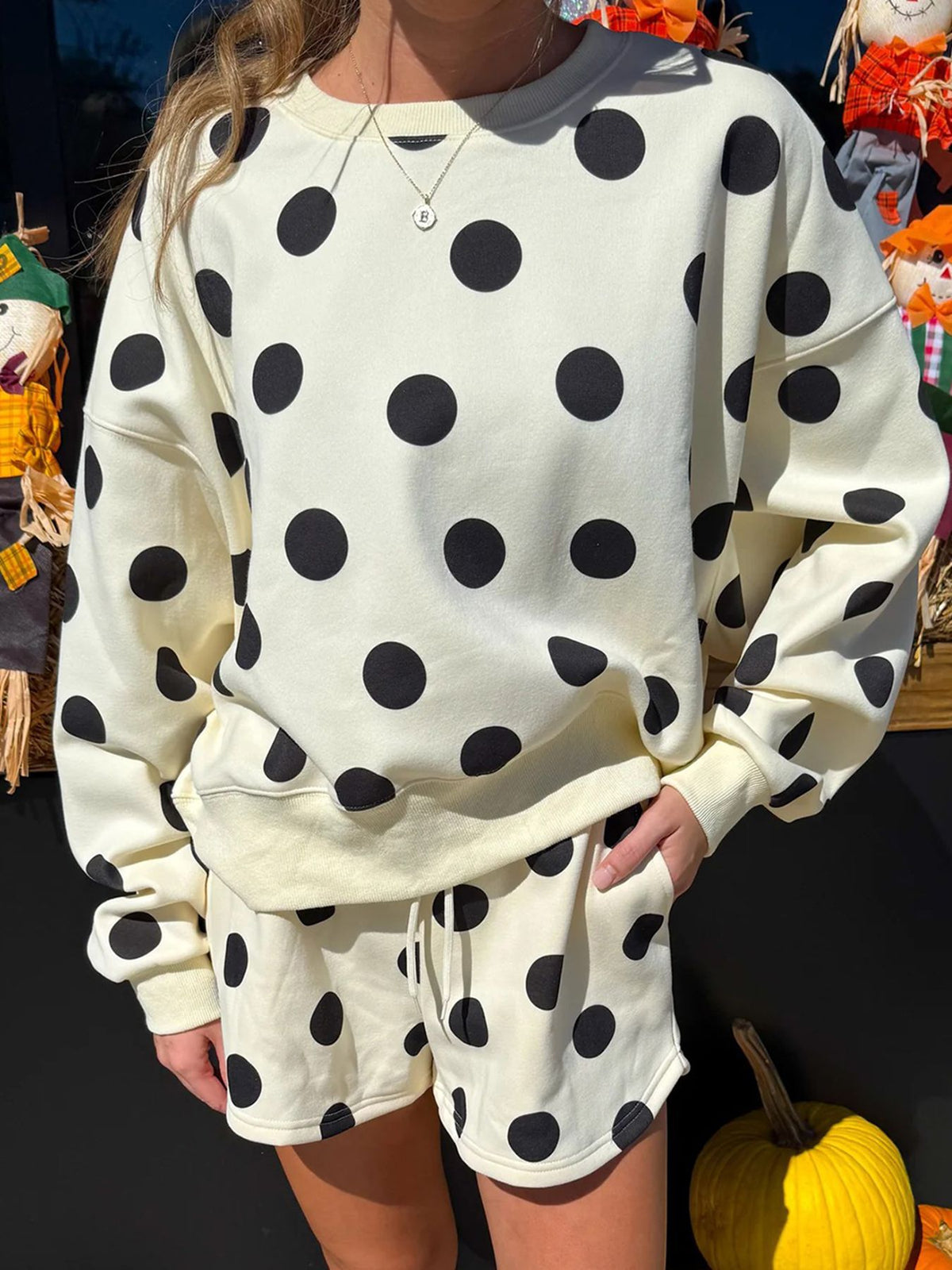 Polka Dot Crop Sweatshirt & Shorts Matching Set