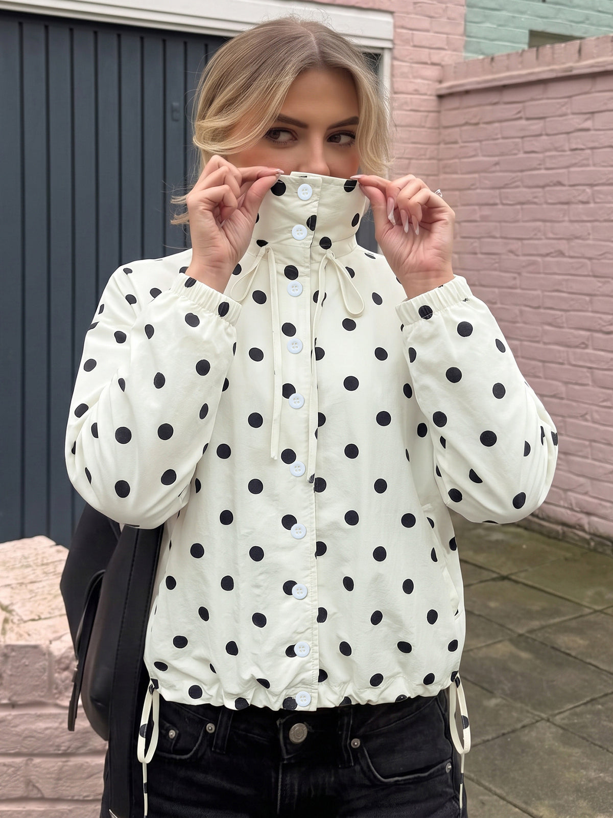 Women's Oversized Polka Dot Button Stand Collar Jacket