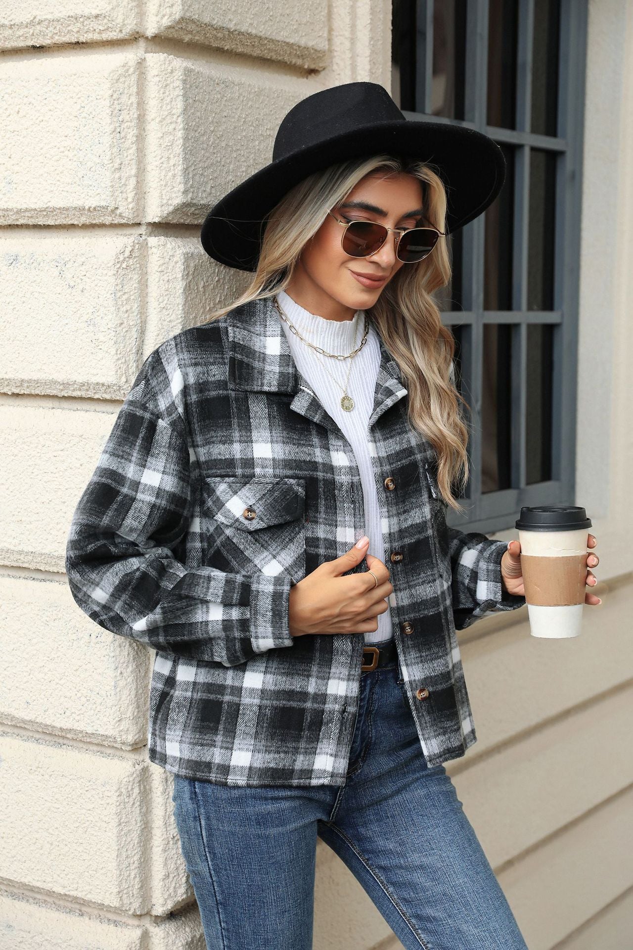 Long Sleeve Loose Pocket Plaid Top Wool Jacket