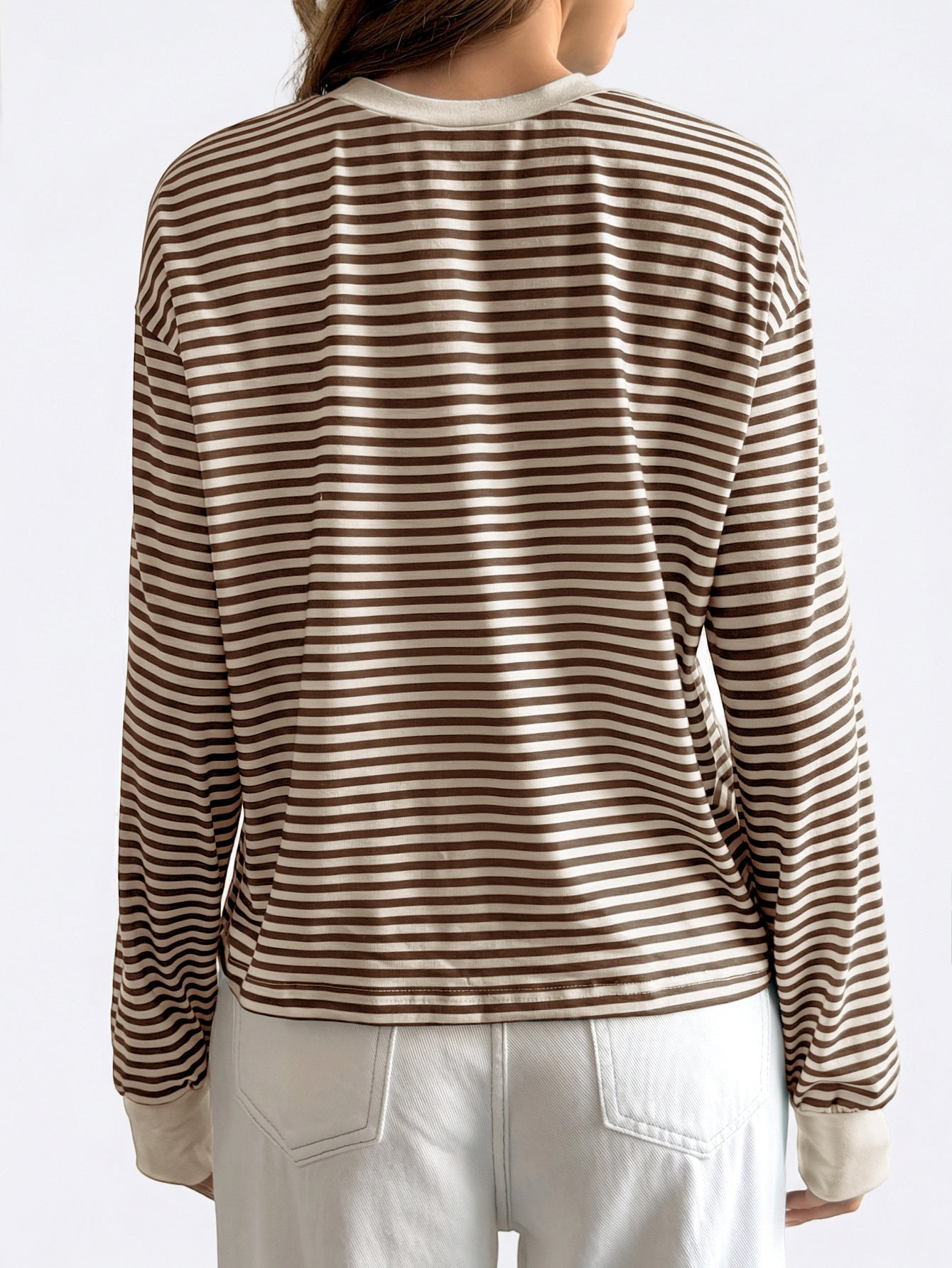 Striped Polyester Tee Casual Oversized Long Sleeve