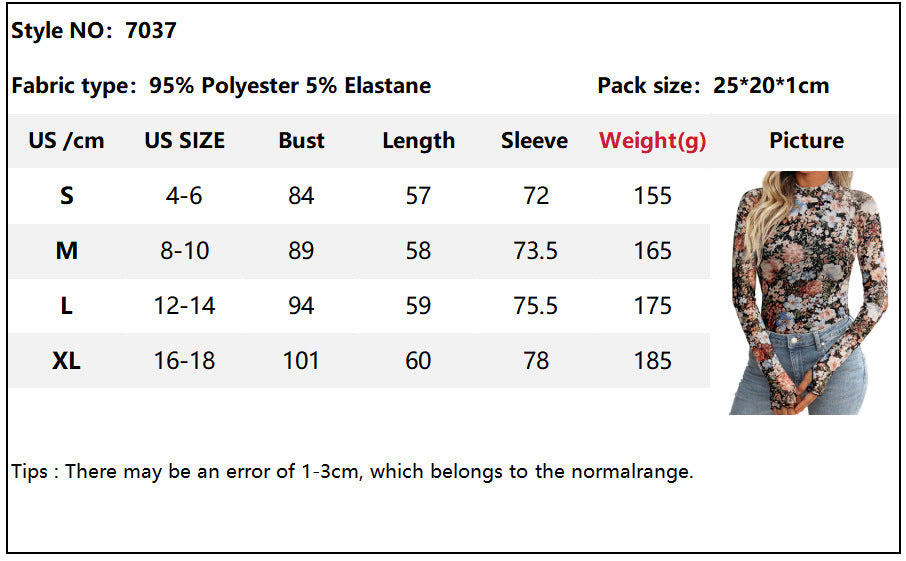 Half High Neck Long Sleeve Tee Sexy Y2K Mesh Printed Top