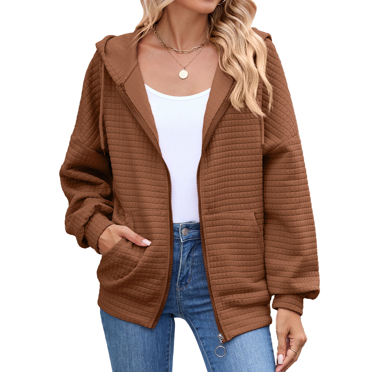 Women's Oversized Quilted Zip-Up Hoodie Jacket Pockets