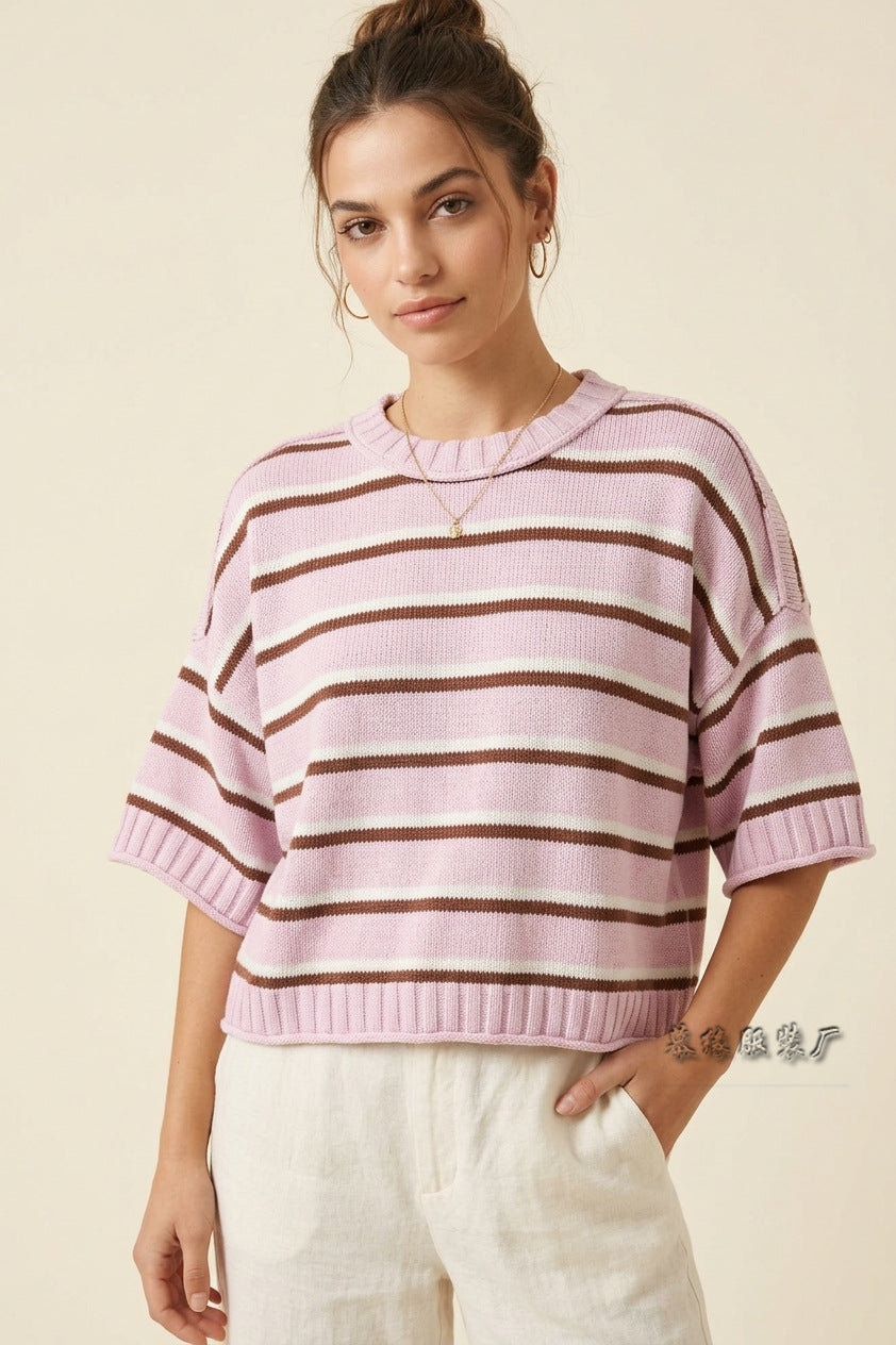Women's Oversized Striped Short Sleeve Crewneck Sweater