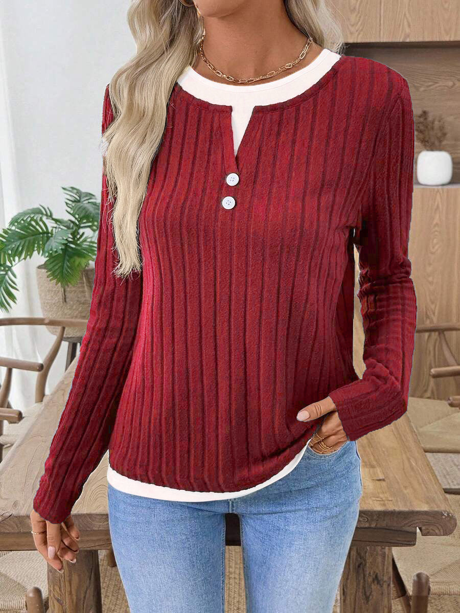 Solid Brushed Knit Top Casual Ribbed Henley Tee