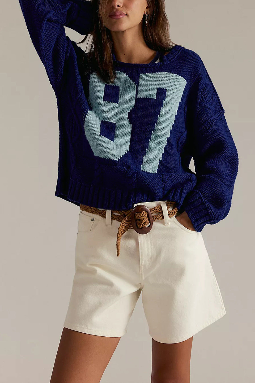 Casual Colorblock Knit Sweater with Number Print
