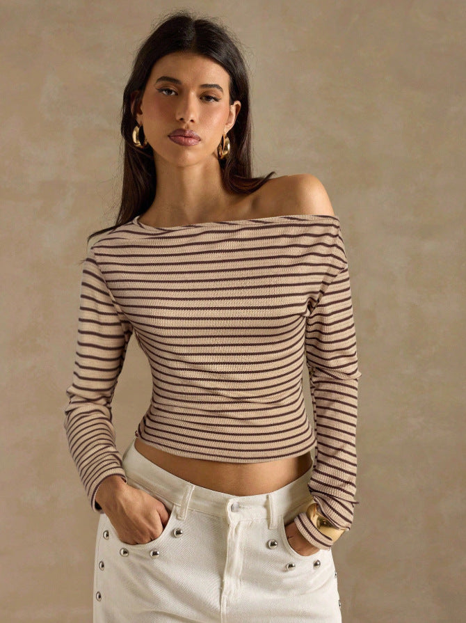 Striped Off Shoulder Long Sleeve Knit Top