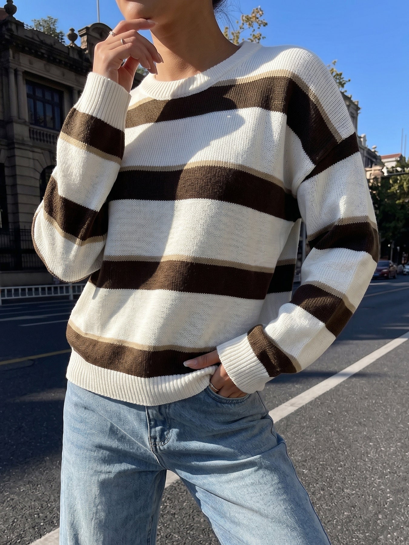 Brown Stripe Crew Neck Oversized Sweater