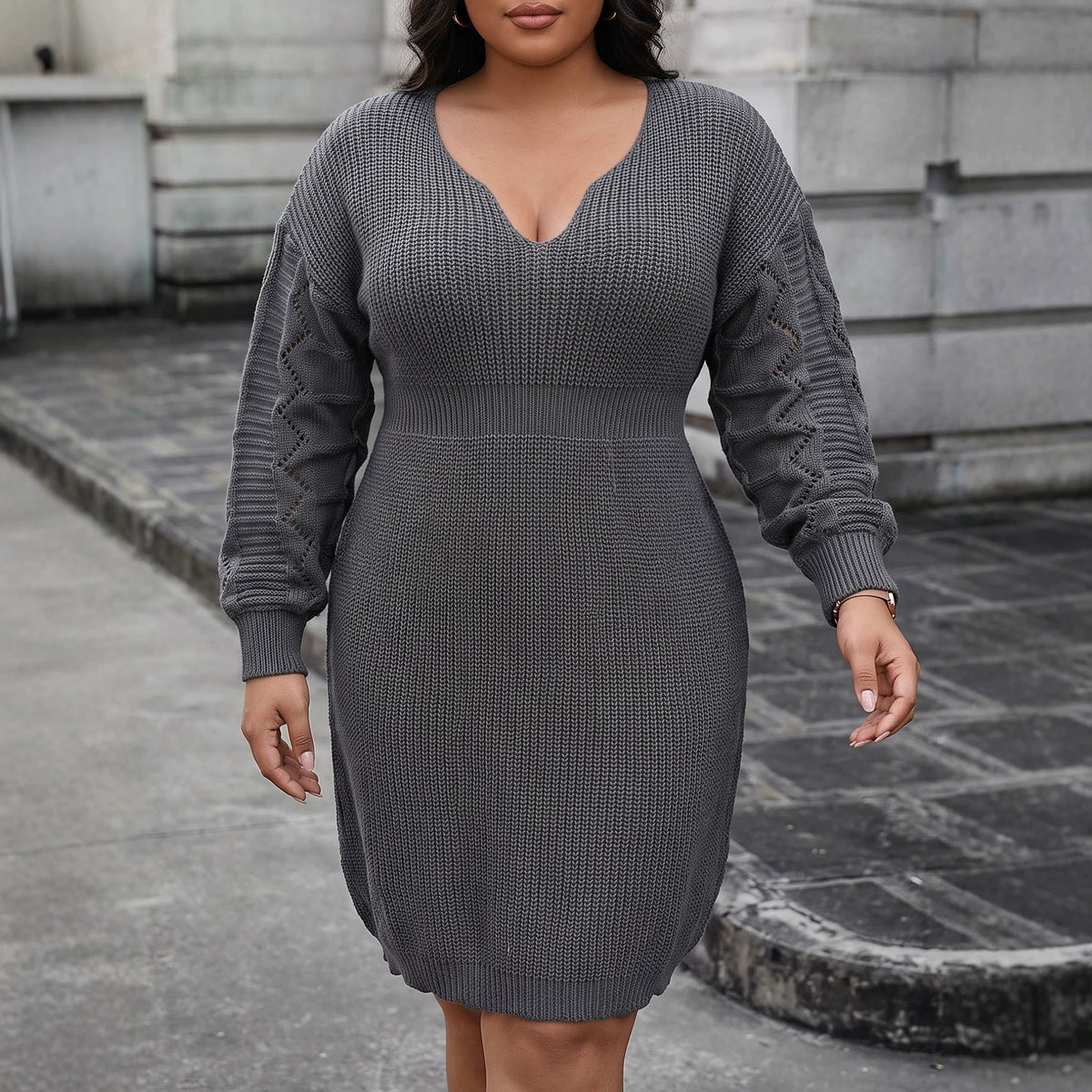 Plus Size V-Neck Long Sleeve Knit Sweater Dress