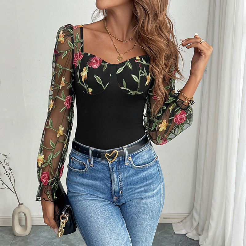 Floral Mesh Sleeve Square Neck Bodysuit