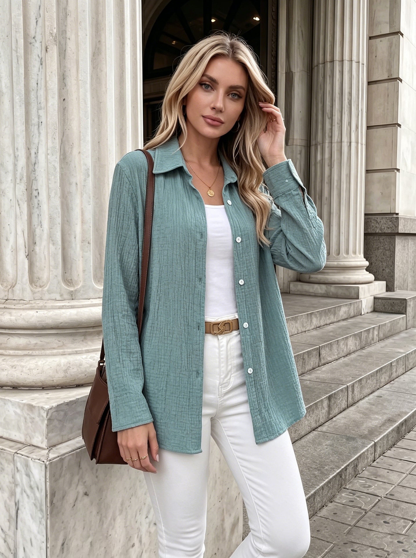 Textured Button Up Long Sleeve Shirt Jacket