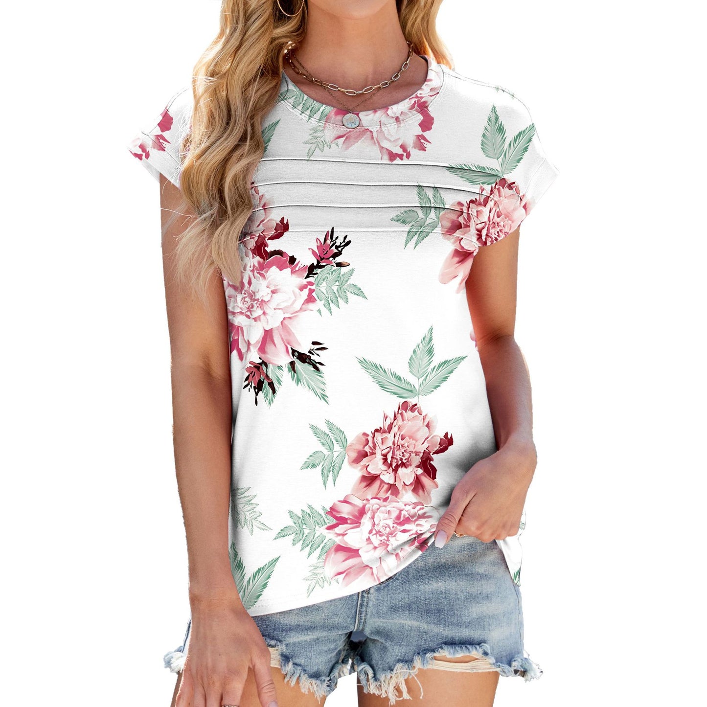 Printed Short Sleeve Round Neck Tee for Women