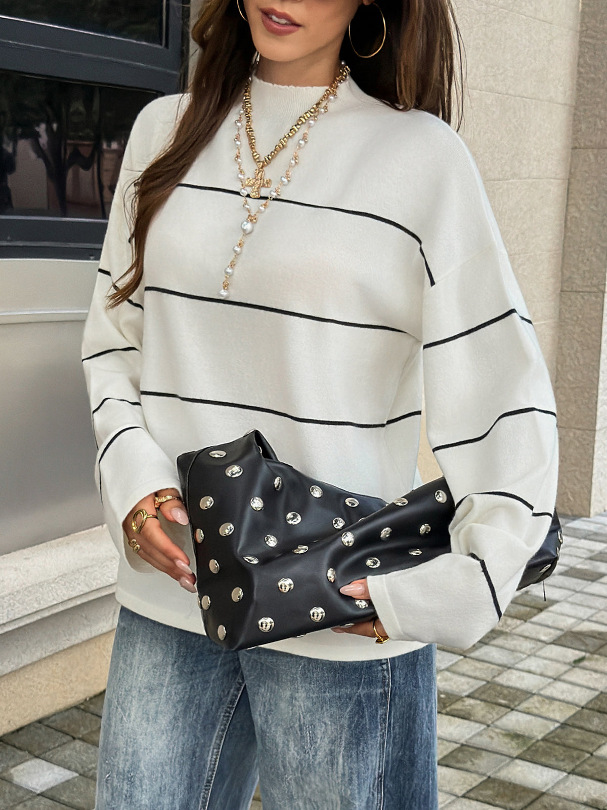 Mock Neck Striped Oversized Cropped Sweater