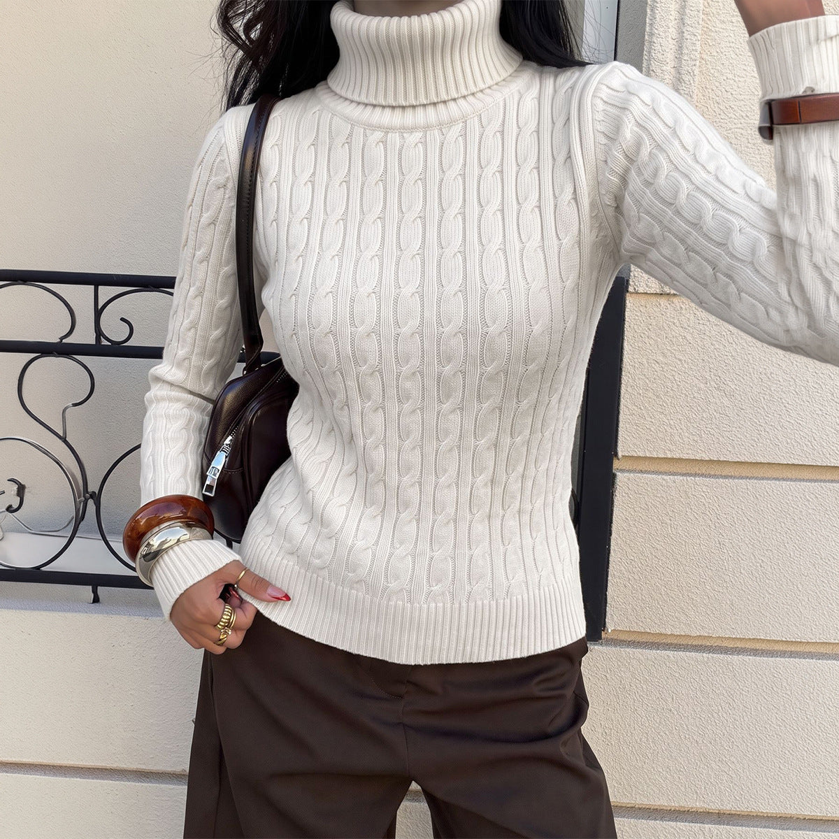 Women's Cable Knit Turtleneck Sweater Slim Fit Pullover