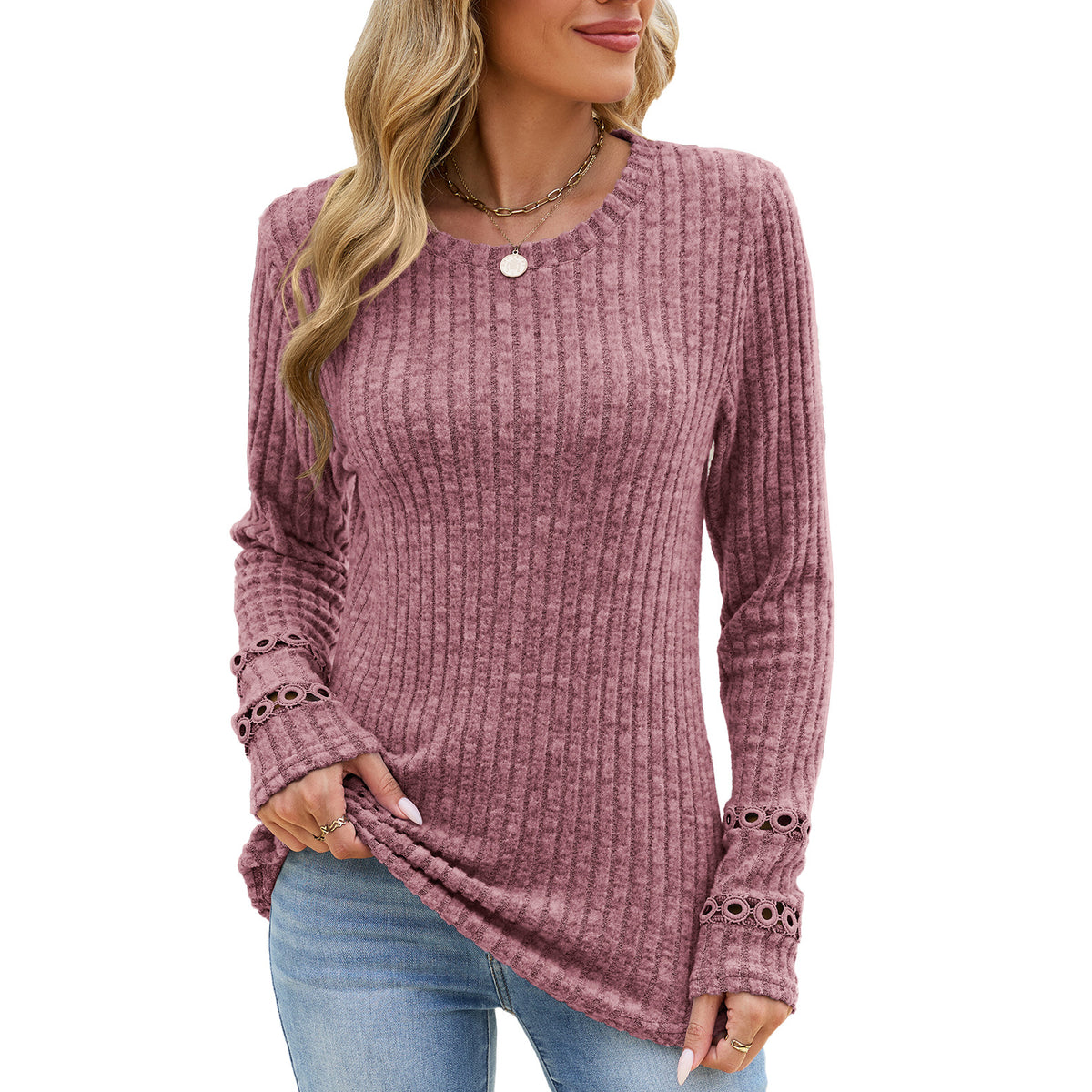 Women's Eyelet Cuff Ribbed Tunic Top Long Sleeve Loose Fit