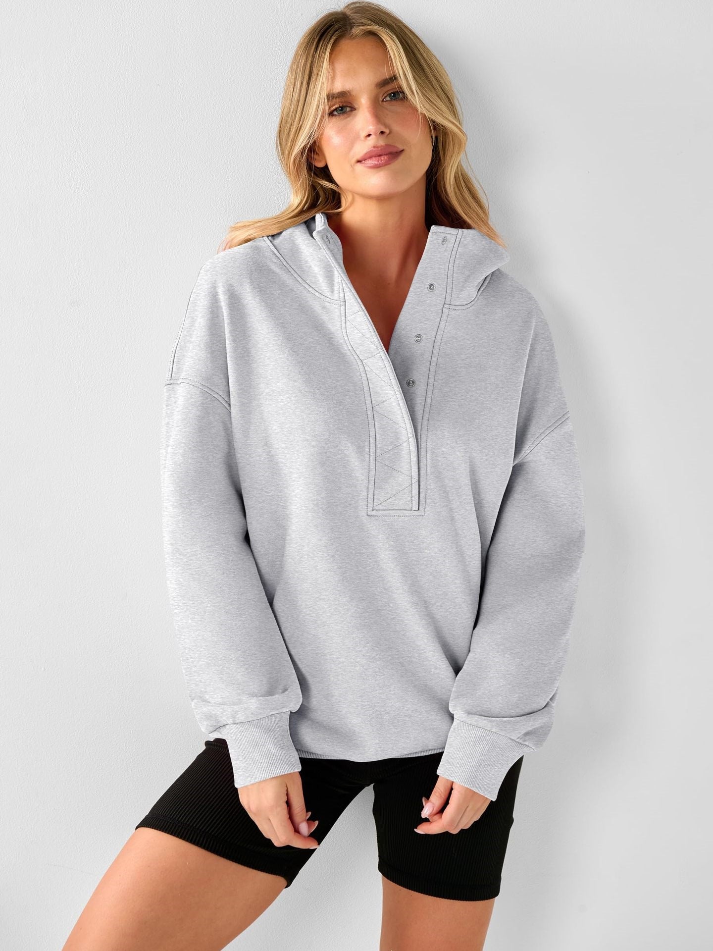 Solid Cotton Blend Hoodie Casual Oversized Snap Neck