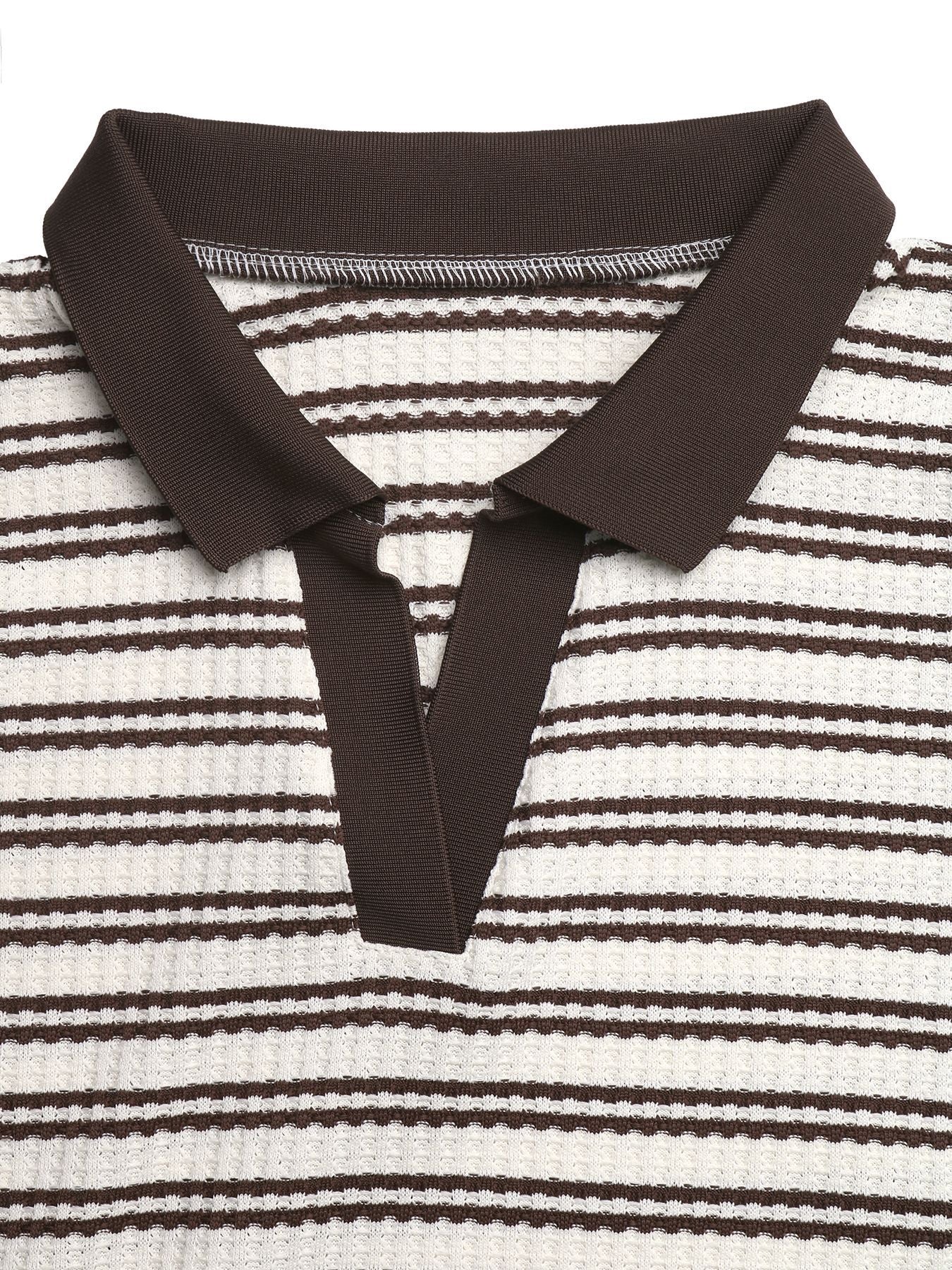 Striped Waffle Knit Top Polo V Neck Short Sleeve Casual