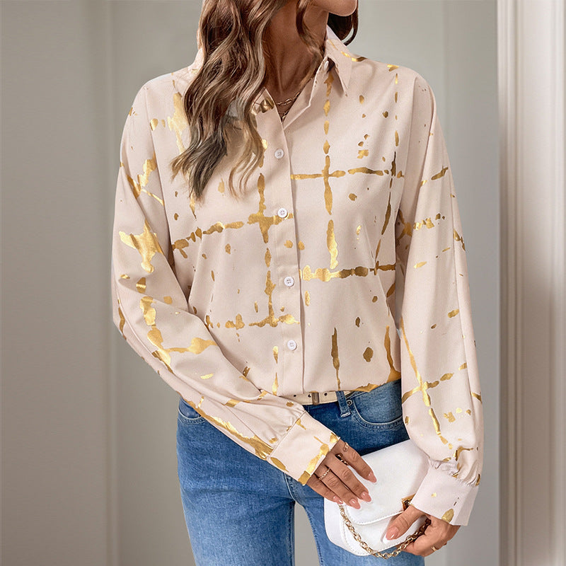 Loose Women's Lapel Bronzing Printed Shirt