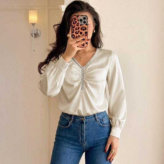 Satin V Neck Jumpsuit Elegant Long Sleeve Wide Leg Romper