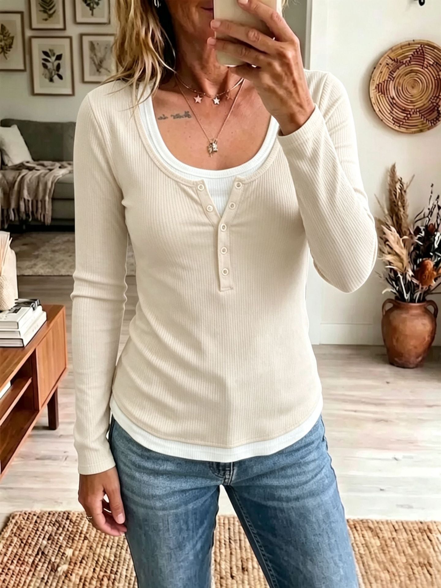 Ribbed Henley Top Layered Look Long Sleeve