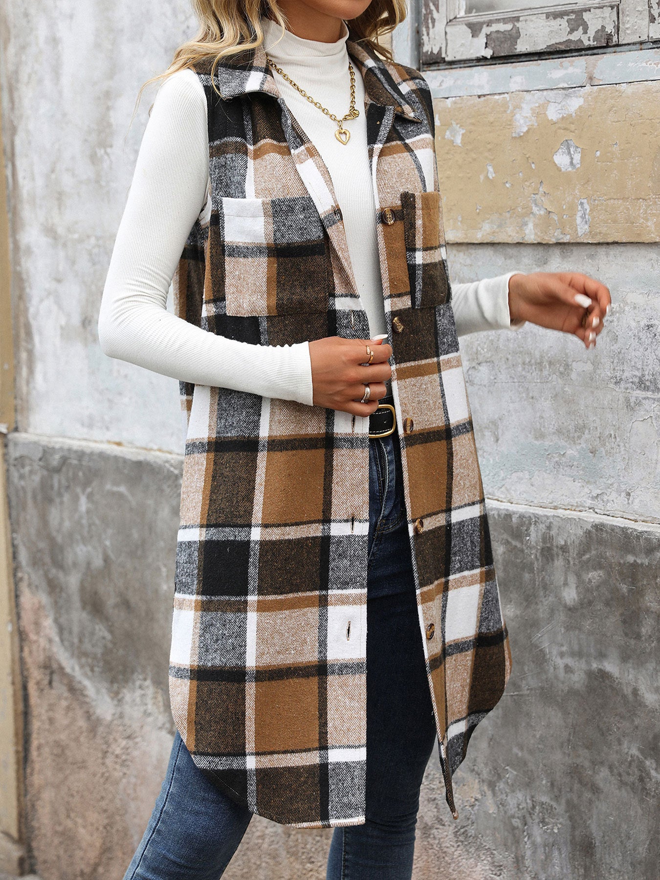 Women Plaid Sleeveless Open Front Long Cardigan Vest