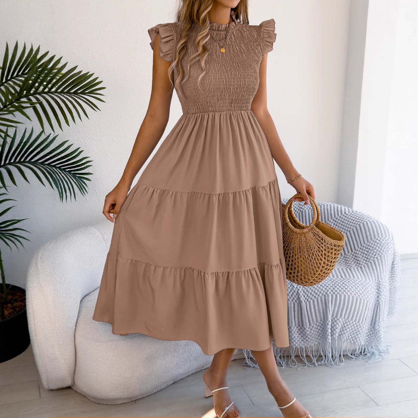 Solid Chiffon Dress Boho Smocked Ruffle Tiered