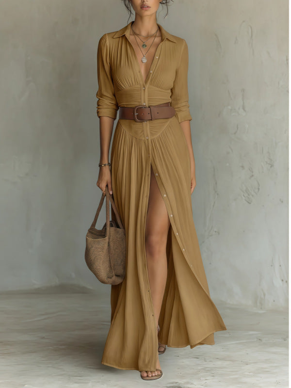 Belted V Neck Maxi Shirt Dress with Front Slit