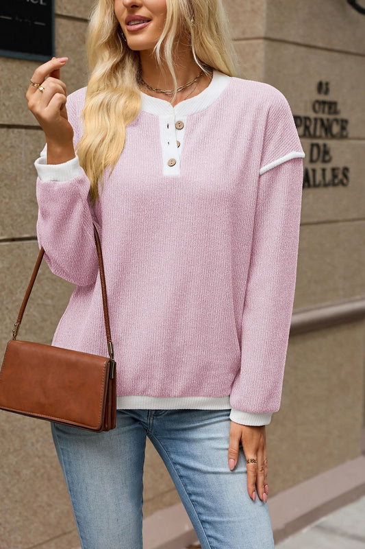 Women's Contrast Henley Long Sleeve Loose Casual Top