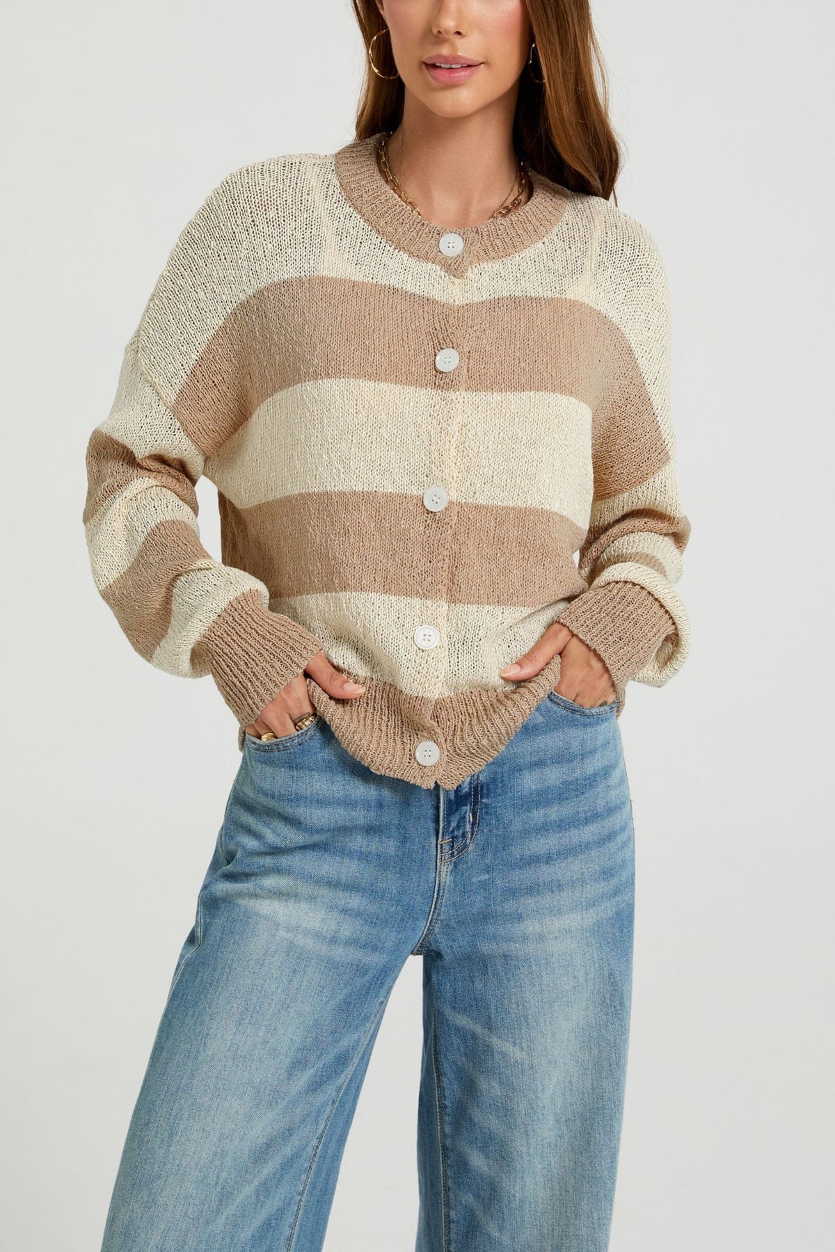 Women's Striped Chunky Knit Oversized Cardigan Sweater