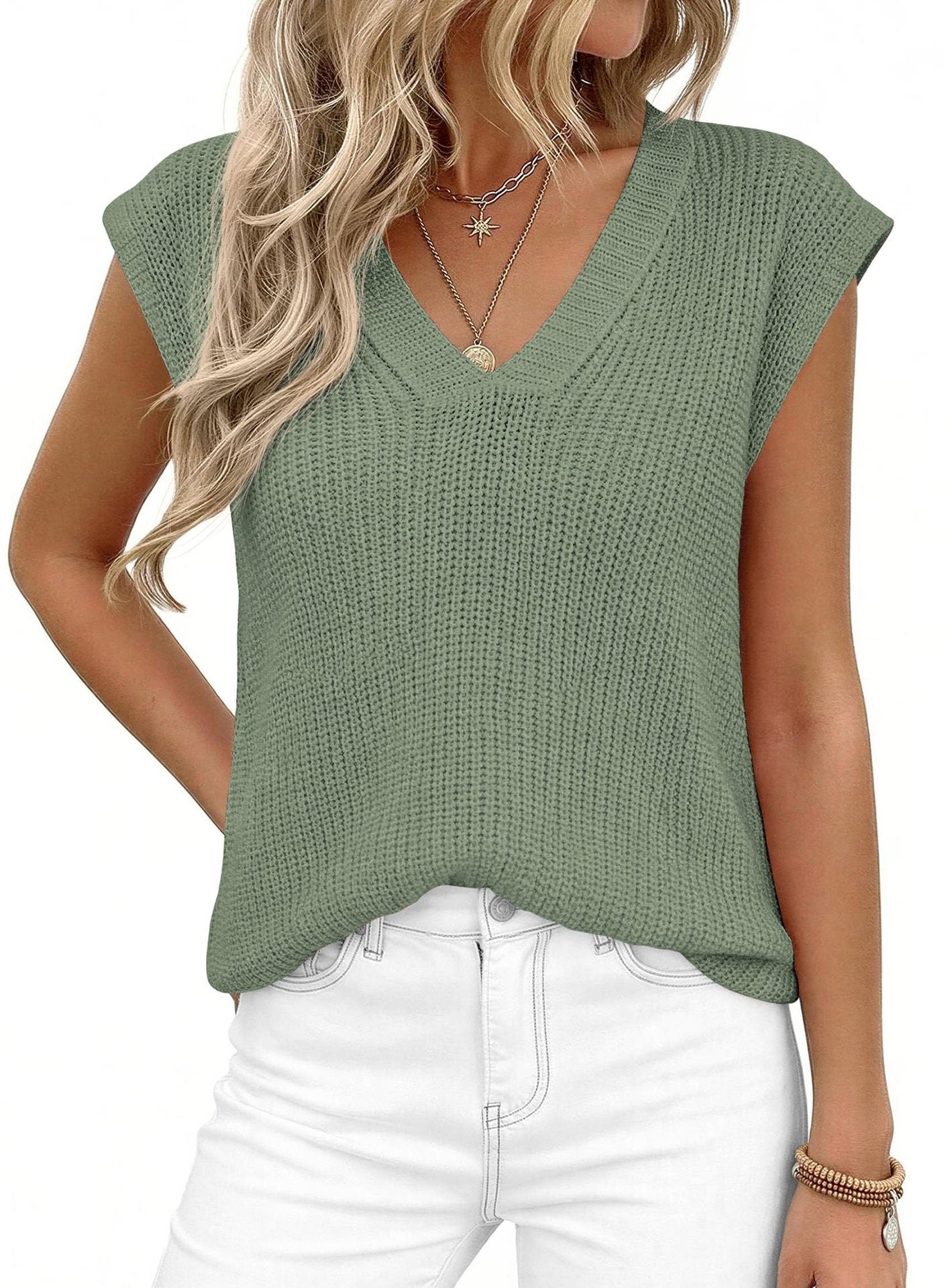 Women’s V Neck Sleeveless Knit Sweater Vest Loose Casual Summer Pullover Top