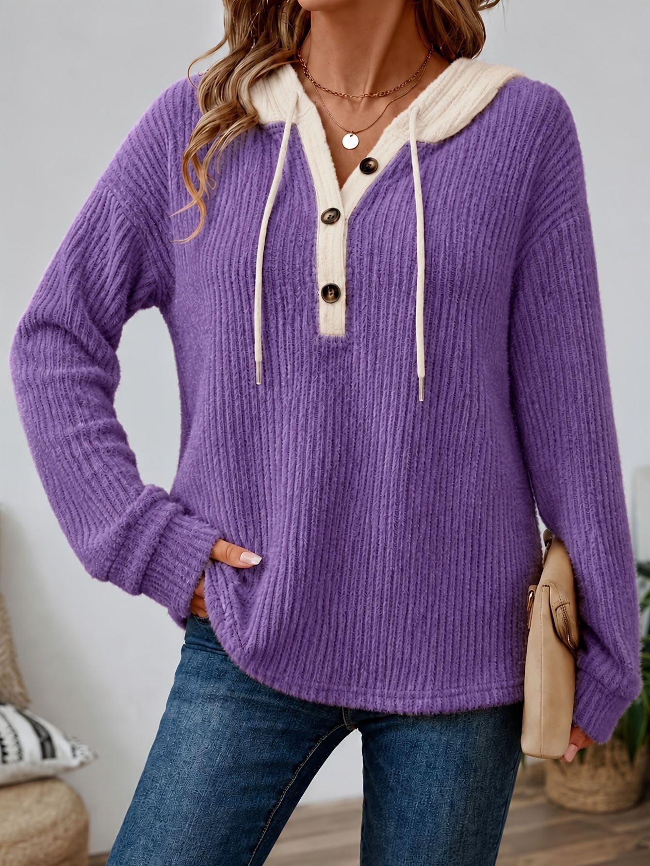 Women’s Hooded Knit Sweater Long Sleeve Pullover